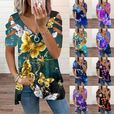 Damenmode Casual Loose Print Kurzarm V-Ausschnitt Reißverschluss Off-Shoulder Top