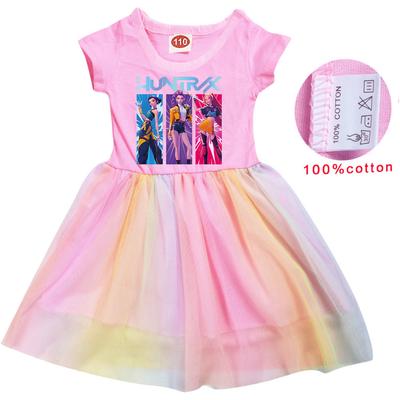 Girls Anime Cartoon Rumi Printing Short Sleeve 100% Cotton Casual Rainbow Dress Kids Halloween Christmas Cosplay Dress Up Costume