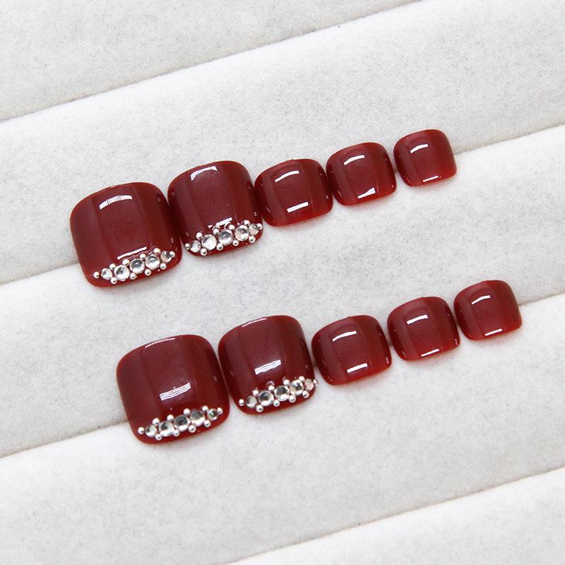 Nail art fake nail wearing nail piece burgundy toenail solid color removable nail piece foot nail diamond 24 pieces