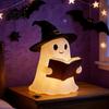 Bedside Atmosphere Light Halloween Ghost Figurine with LED Light Resin Witch Hat Statue Niche Aesthetic Ornament Guitar/Book Cute Luminous Sculpture