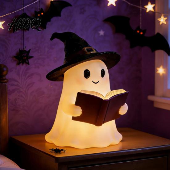 Bedside Atmosphere Light Halloween Ghost Figurine with LED Light Resin Witch Hat Statue Niche Aesthetic Ornament Guitar/Book Cute Luminous Sculpture