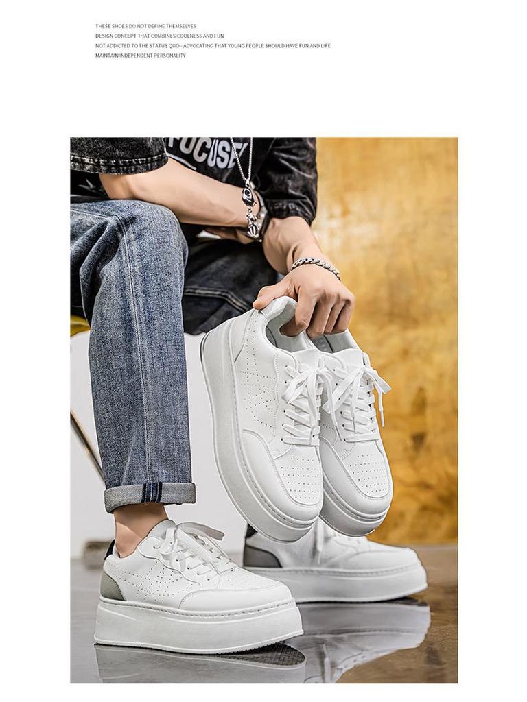 Summer Men's Breathable White Trendy Height-Enhancing Sneakers: Versatile, Thick-Soled Casual Skate Shoes