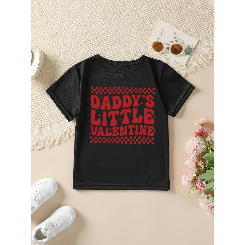 Mărimi europene Fete Modă de vară Tricou cu mânecă scurtă DADDYS LITTLE VALENTINE Imprimeu desen animat carouri și ochi de inimă Gât rotund casual