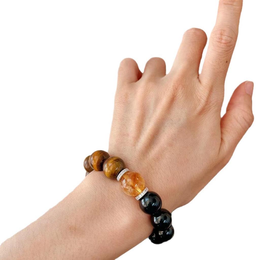 Retro Natural Tiger'S Eye Stone Black Agate Citrine Bracelet Maillard Style Bracelet.