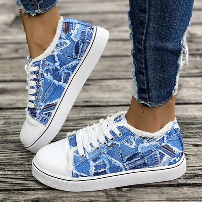 Foreign Trade Large Size Women's Shoes Spring and Autumn European and American New Color Printing Low-top Canvas Shoes Lace-up Casual Flat Shoes