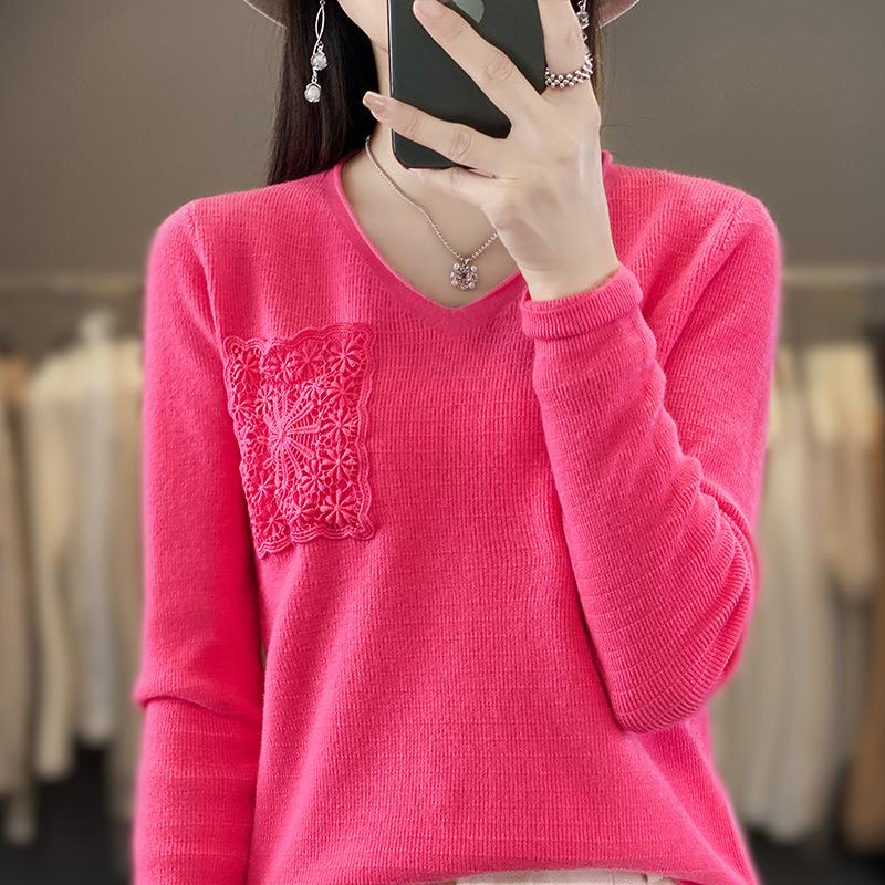 Autumn and winter new V-tie hook flower long-sleeved knitted sweater women's top fashion versatile bottoming shirt jacket