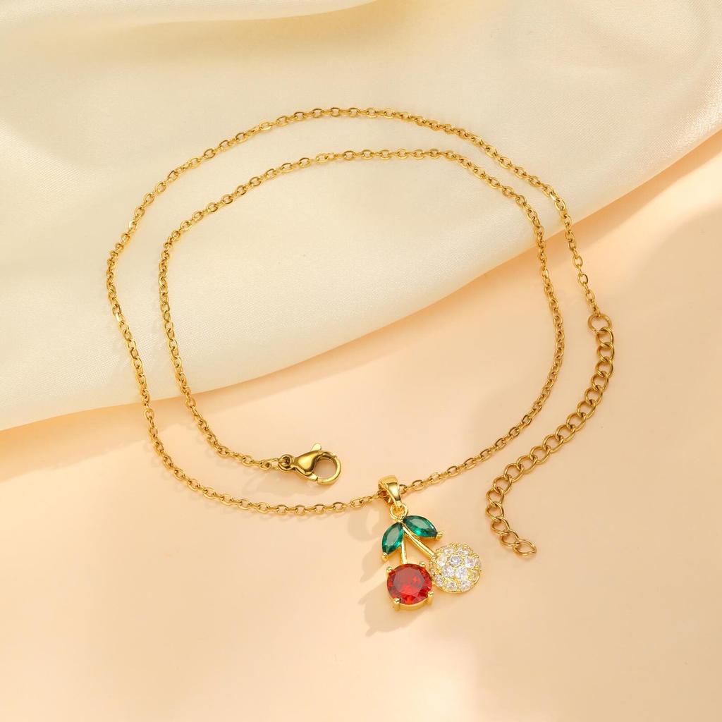 Delicate Red Cherry Pave Zirconia Pendant Necklace for Women, Fruit Summer Jewelry
