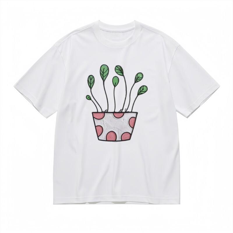 

Women s Round Neck Classic T-Shirt Hand-Painted Potted Plant Art Print Tee 4XL