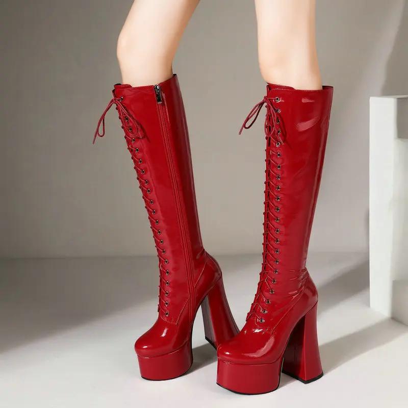 Fashion Autumn winter square head thick heel ultra high before TIE the female reach knee boots waterproof platform but knee boots
