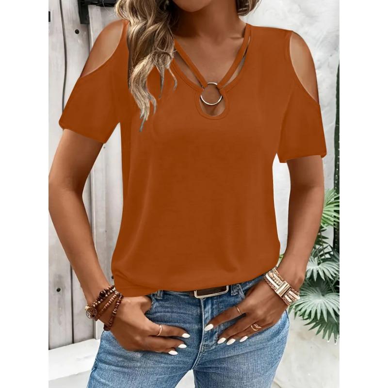 Off Shoulder Summer Short Sleeved T-shirt for Women Solid Color Loose Tops Cross V-neck Elegant Loose Shirt Ladies Fashion Casual Simple Clothing