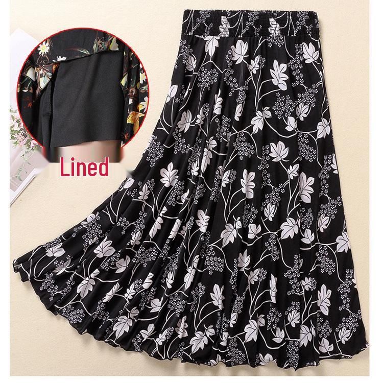 Women's Summer Midi Skirt with Lining - Elegant Swing Ice Silk for Middle-Aged and Elderly