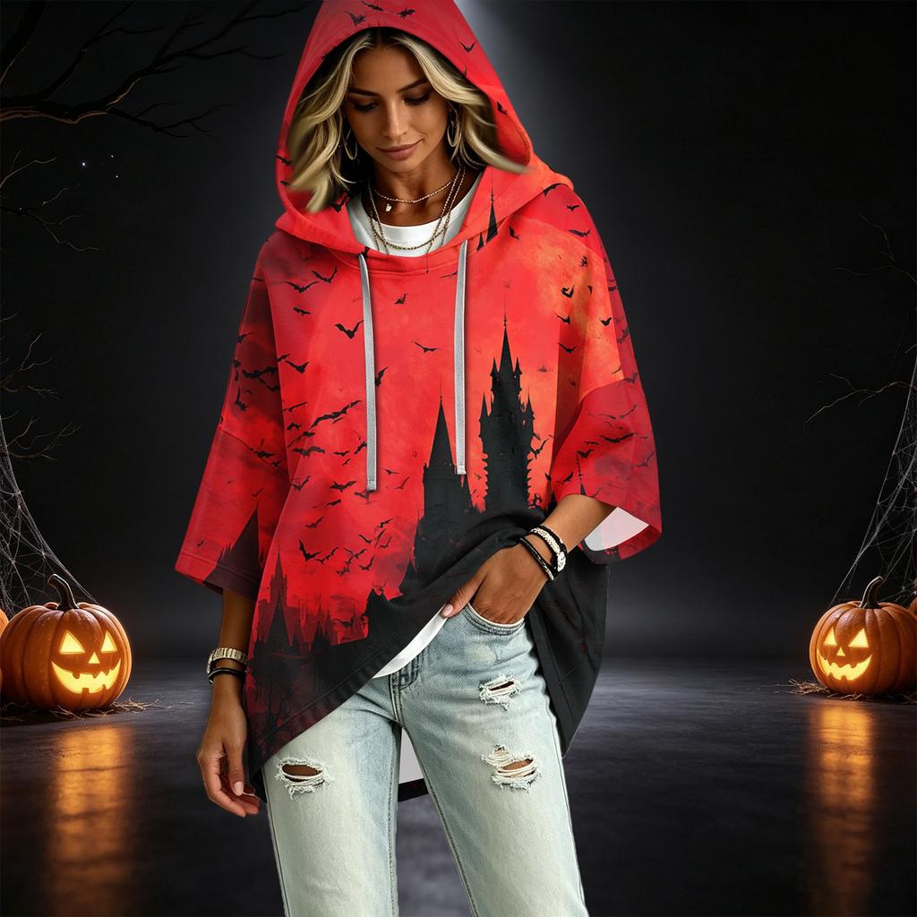 Women's Casual 3/4 Sleeve Halloween Print Hooded Pullover Top for