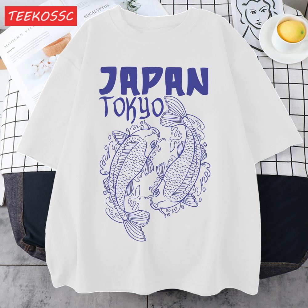Japan Tokyo Harajuku Koi Print T Shirts Men Summer Cotton TShirt Hip Hop Loose Streetwear Unisex AllMatch Casual Clothing
