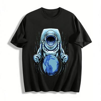 Fun Astronaut Holding Earth Graphic Print Casual Top Pure Cotton T-shirt