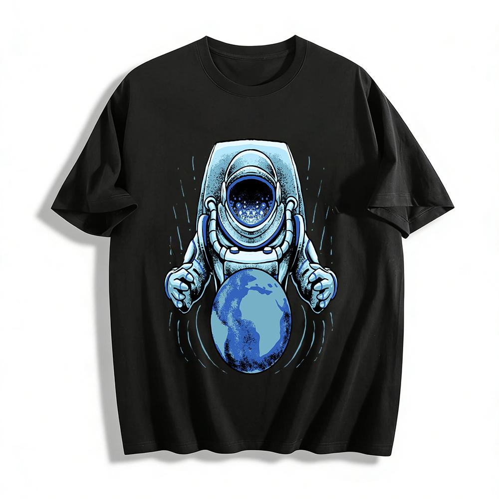 Fun Astronaut Holding Earth Graphic Print Casual Top Pure cotton T-shirt XXS