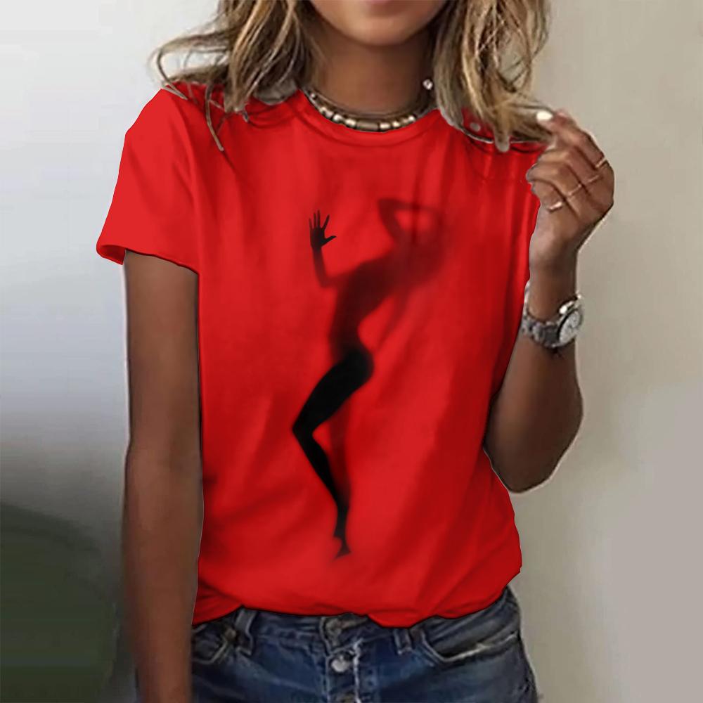 Women's T-Shirts Top Short Pullover Sleeved Art Shadow Printing Fashion Leisure Style O-Neck Harajuku Tee Shirt Female Clothing