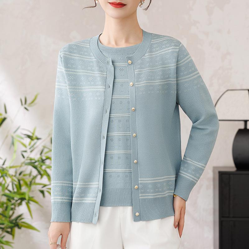 Mom's Spring Knit Stripe Two-Piece Set: New 2026 Style, Middle-Aged Women's Summer Short Sleeve, One Top Three Ways