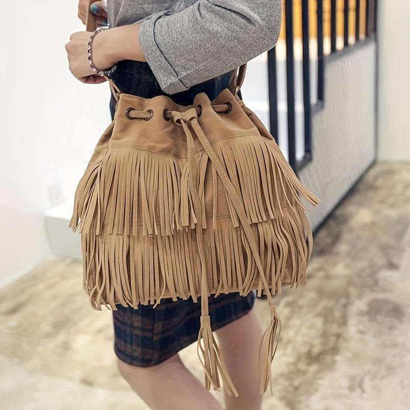 Vintage-style Bucket Bag With Tassel, Drawstring Crossbody Bag, Simple Shoulder Bag For Travel And Daily Use