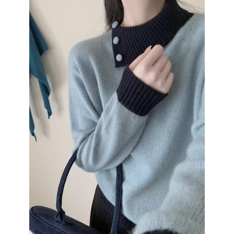 

Contrasting color lapel sweater women s winter loose and gentle wind design sense unique knitted backing inner top thick One size