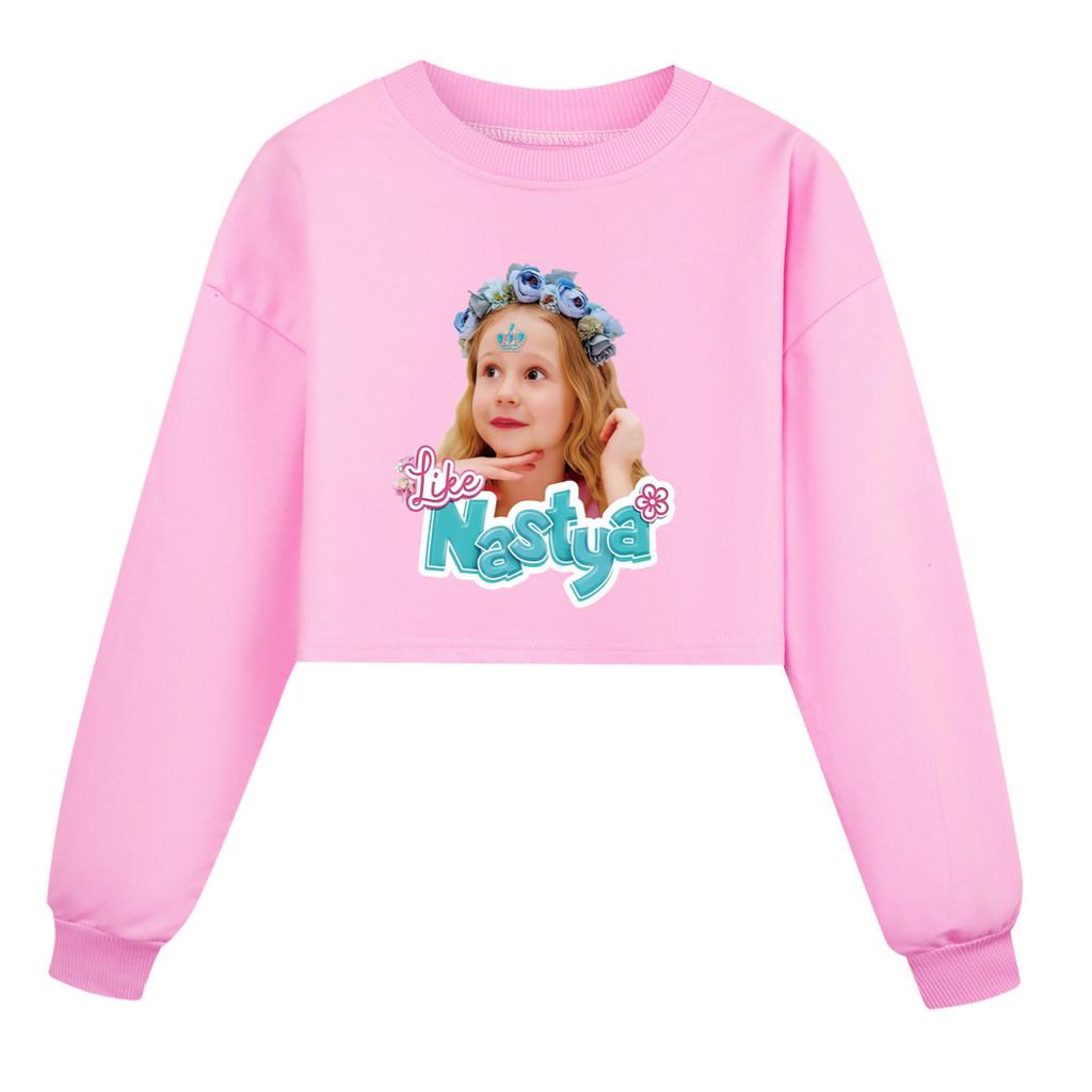 5530 Dětská dívčí ležérní mikina s potiskem Nastya, dlouhý rukáv, krátký střih