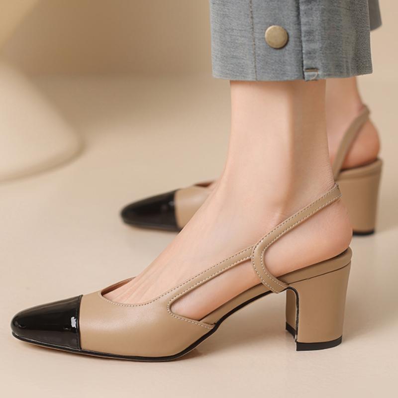 Women's Sandals Summer Shoes 2025 Genuine Leather Elegant Close Toe Block Heels Slingbacks White Beige Shoes Ladies Big Size 45