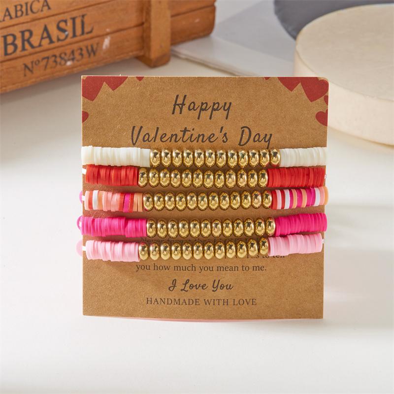 5/6/7Pcs/Set Bohemian Polymer Clay Beaded Bracelets for Women Romantic Sweet Pink Wristband Bangle Valentine's Day Jewelry Gift