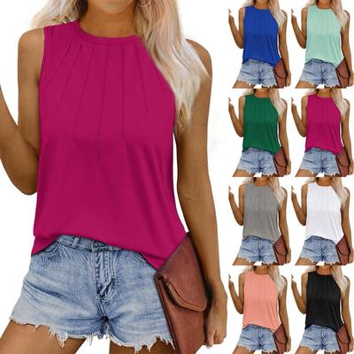 Women's Fashionable Solid Color Pleated  Round Neck Sleeveless Vest Top