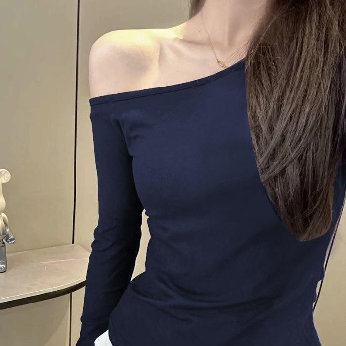 Pure Lust Style Thin Slanted Shoulder Long-sleeved T-shirt Women's Autumn New Lazy Slack Spice Slim Top