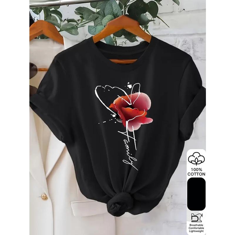 

Womens Light Yellow Red Floral Print Tee Relaxed Fit Short Sleeve Nontransparent Machine Washable Spring Summer Casual Fashion Top 4XL