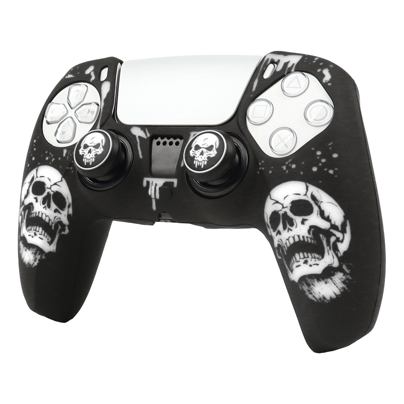 

RALAN PS5 Controller DualSense Compatible with Silicone Joystick Caps, Non-Slip, Black, Perfect Fit, Ergonomic Design (Black and White Skull)