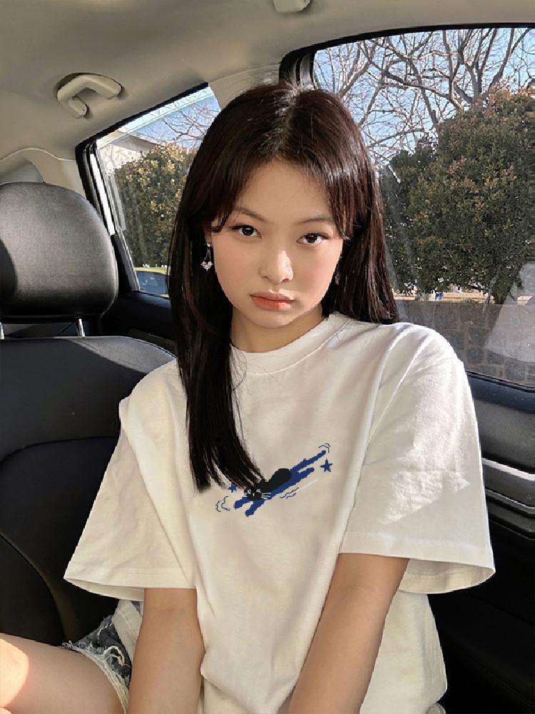 Pure Cotton Summer American Retro Front Shoulder Short-sleeved T-shirt Women's New Design Sense Niche Cartoon Half-sleeved T-shirt
