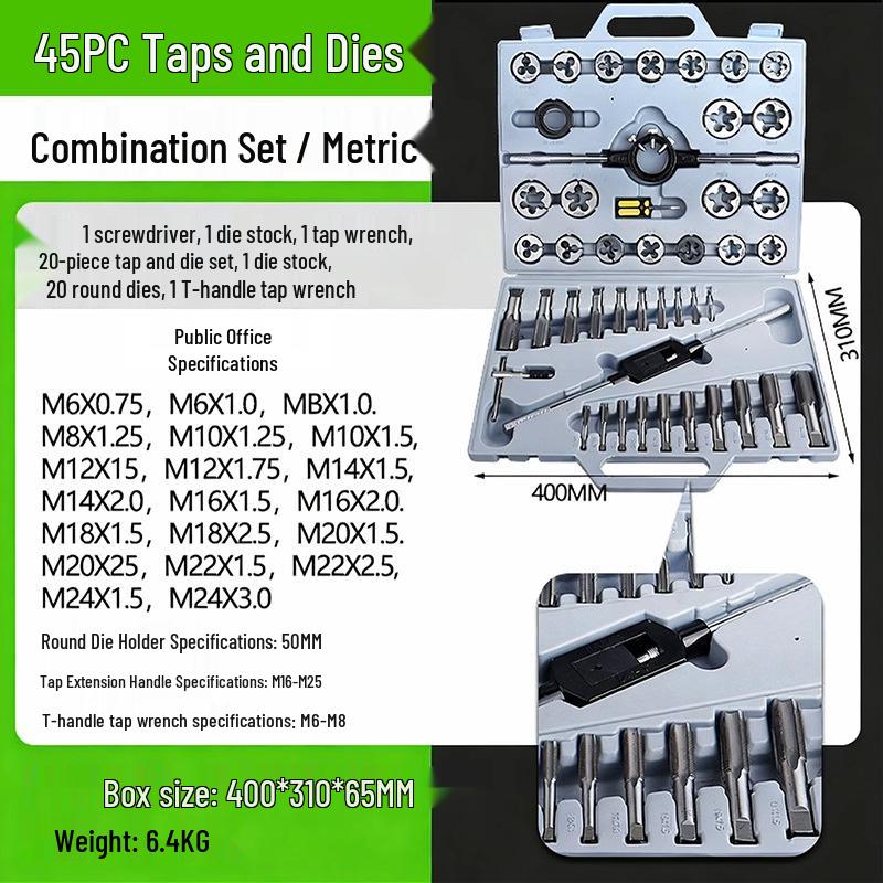 Complete Metric & Imperial Taper Tap and Die Set with Wrench & Round Die Holder