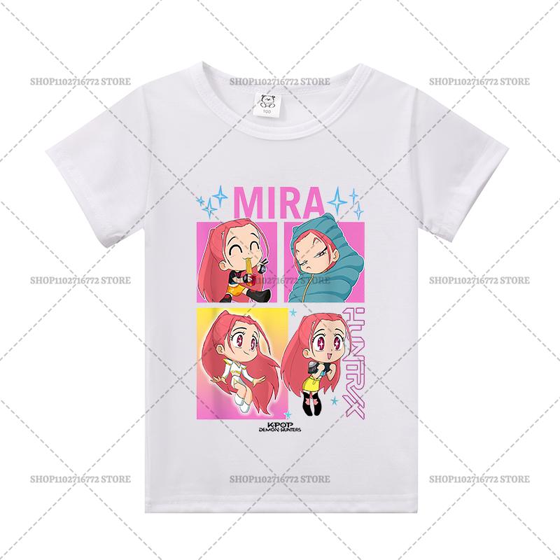 

Kpop Охотники на демонов Детская одежда Футболка с коротким рукавом Милые футболки Руми Зои Миры Харадзюку Топы для мальчиков Девочек Одежда Подарок 140