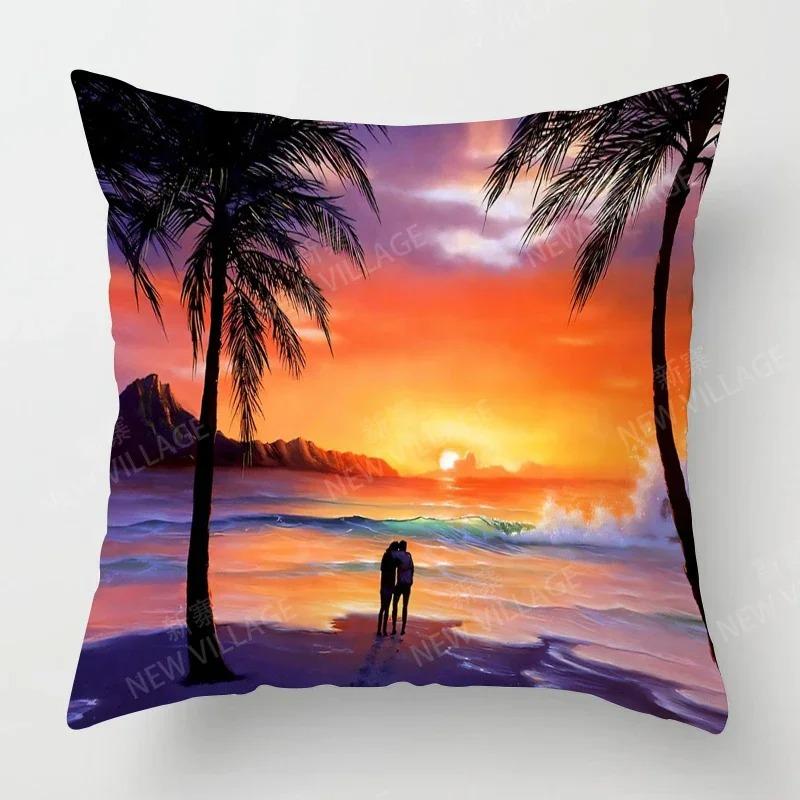 Sunset & Palm Tree Beach Pattern Double-Sided Printed Pillow Cover Short Plush Suitable Living Rooms Sofas Throw Cushion Cover