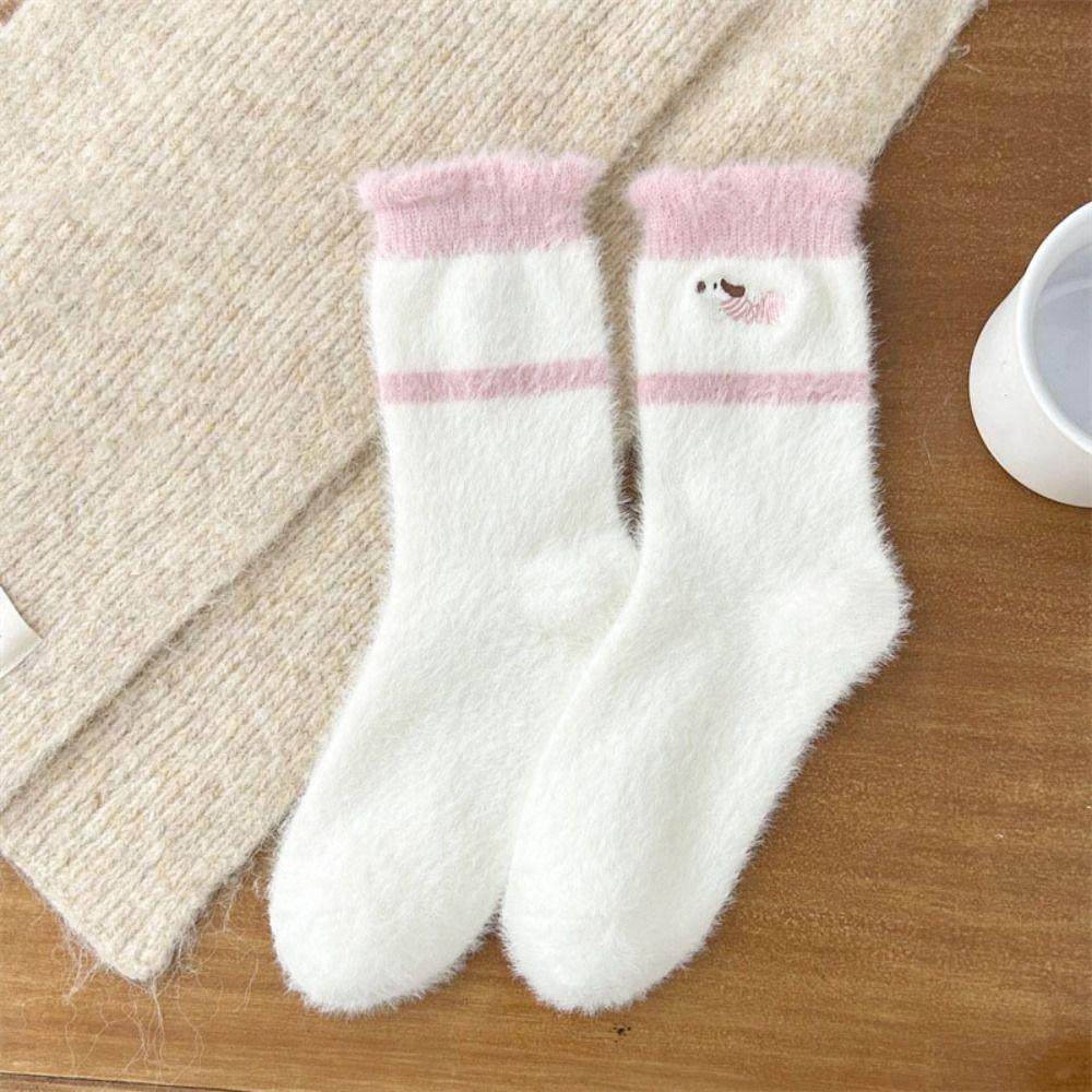 5Pairs Embroidery Mink Fleece Socks Puppy Dog Plush Floor Socks Winter Fluffy Socks  Autumn Winter