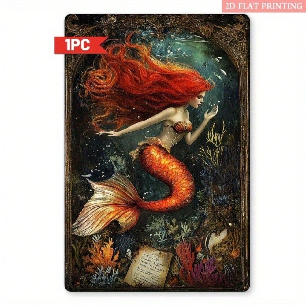 Vintage Mermaid Metal Tin Sign Red Hair Ocean Waves Bedroom Decor 20x30cm