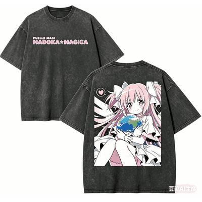 Puella Magi Madoka Magica Washed T-shirt Year Round Clothing High Quality Personality Clothes Plus Size Unisex New Model Washed Vintage Loose