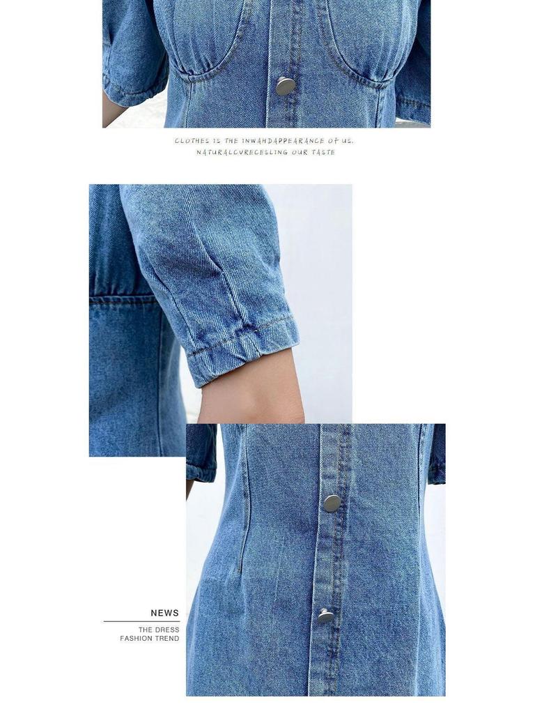Women's Summer Bubble Sleeve Denim Dress - Age-Defying, Waist-Cinching, Slimming, Large Size.