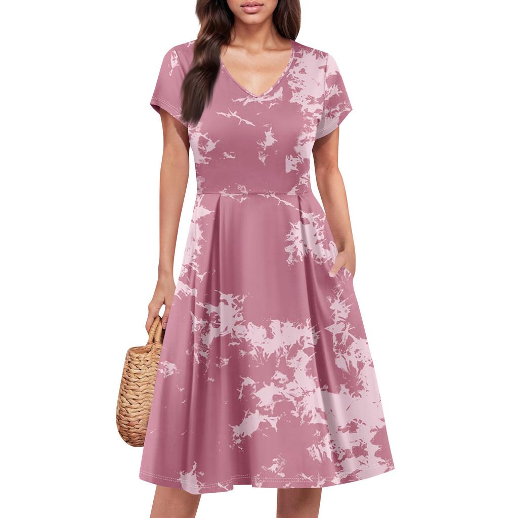 Rochie de vară pentru femei cu mânecă scurtă, decolteu în V, rochii scurte, modă casual, fluidă, linie A, rochie de soare lejeră cu buzunar