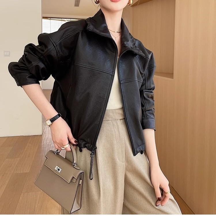 

Куртка из натуральной овчины, женская, короткая, в стиле мотоцикла, повседневная, весна и осень, новинка XL чёрный