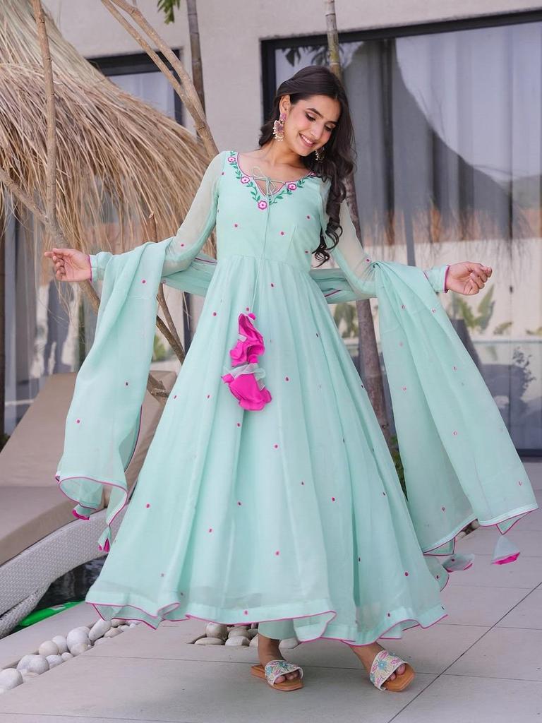 Women Anarkali Kurta Set with Dupatta – Embroidered Flared Ethnic Party Wear