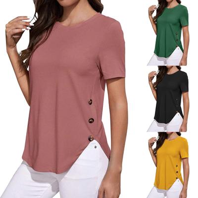 T-shirt d'été nouveau à la mode col rond boutonné queue d'hirondelle manches courtes haut pour femme