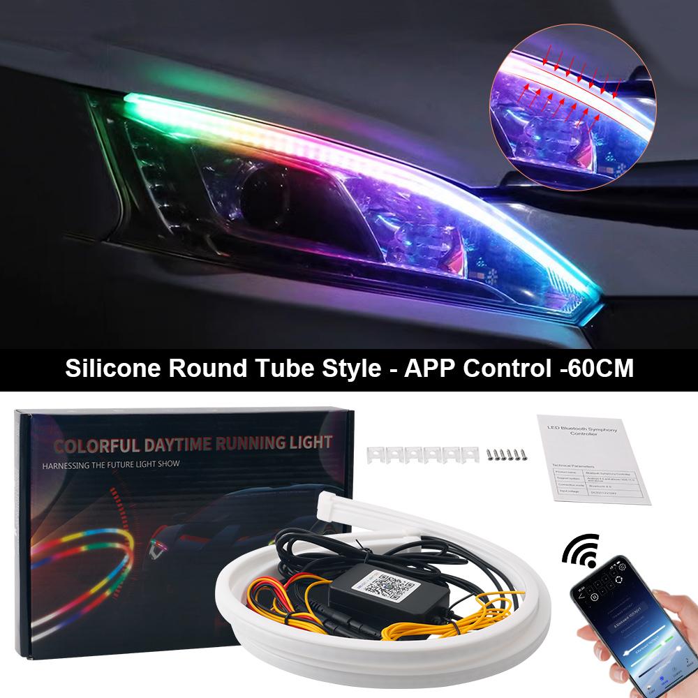 Car LED Daytime Running Light Flowing APP Control Symphony 60CM RGB DRL Flexible Running Lights Turning Lamp Decorative Lamp 12V