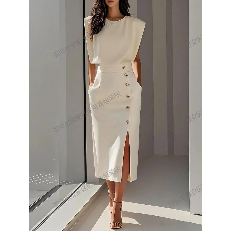 European and American Fashion Royal Sister Style Solid Color Round Neck Waist Split Metal Buttons Summer Dress Women