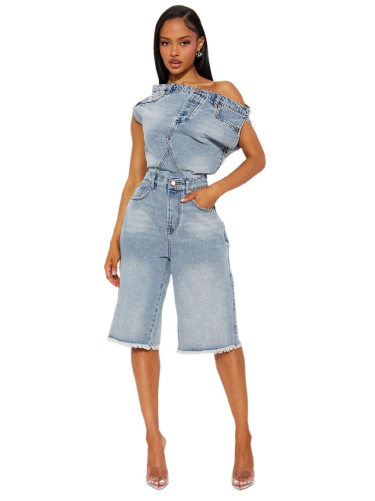 Moda Spalle Scoperte Denim Irregolare Monopezzo Tute Donna Manica Corta Tasca con Bottoni Rompers in Jeans Salopette Femminile Kaluputics