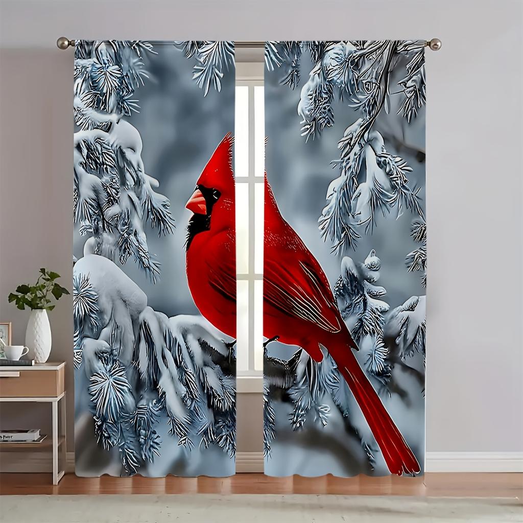 2pc Cardinal Print Door Curtains – Light-Reducing Rod Pocket Panels for Bedroom   Living Room   Kitchen & Office   Christmas Decor