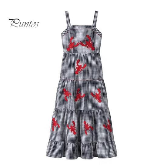 

Летнее женское платье с вышивкой омара без рукавов в клетку с квадратным вырезом трапециевидной формы со свободным подолом в стиле пэчворк, дышащее мягкое пляжное платье миди для отдыха L чёрный