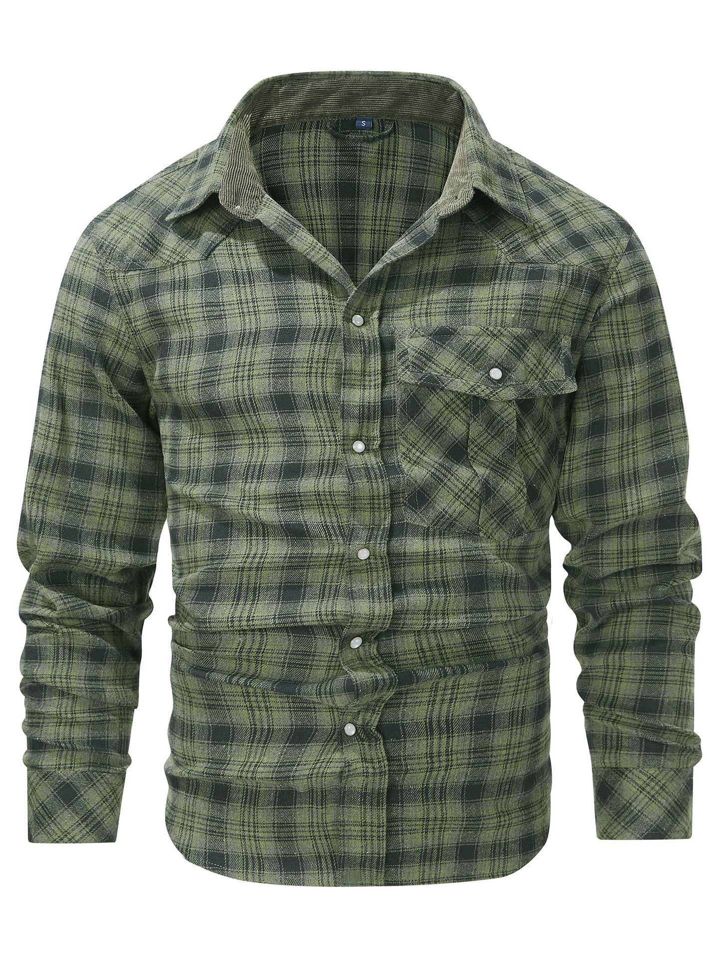 

Autumn/Winter Denim Jacket with Turn-Down Collar and Flannel Plaid Shirt Coat XX-Large зелений