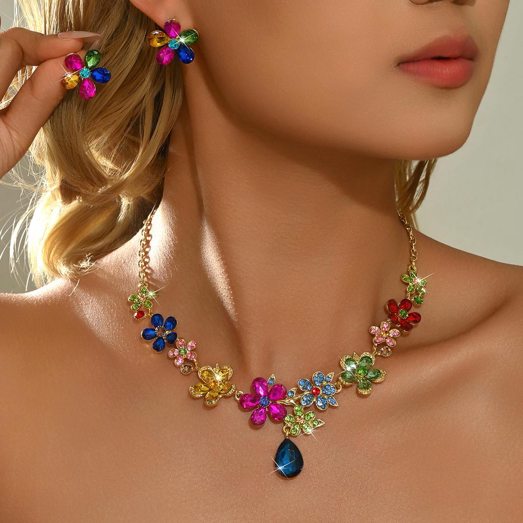 Exquisite commuting style flower droplet necklace earring set for workplace dating, women's gentle temperament accessories