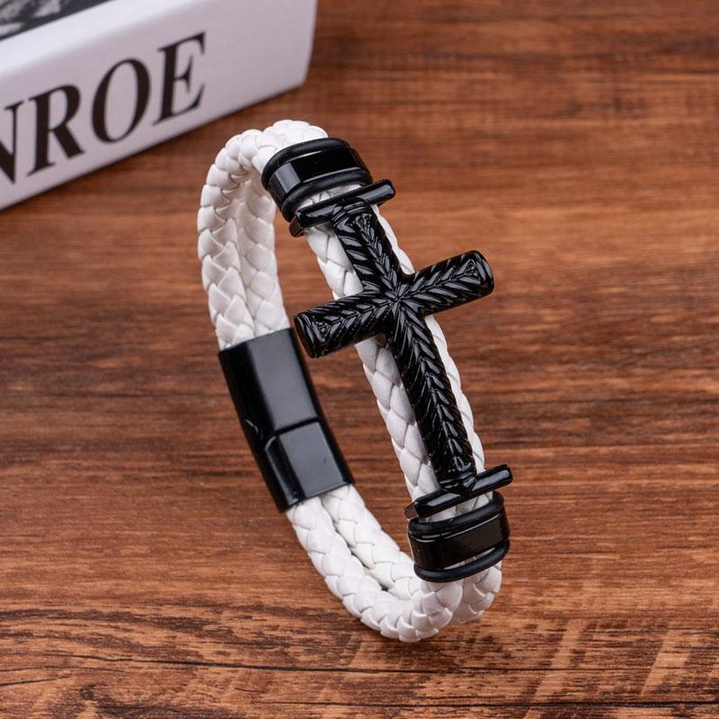 Black Cross Braided Bracelet Retro Spiritual Accessory Multi-Color PU Leather Design Jesus Cross Charm Cuff Bracelts for Man